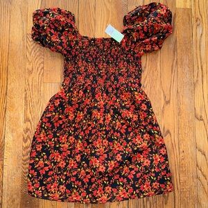 NWT Gap Kids Girls Puff Sleeve Smocked Dress Orange Black floral Thanksgiving